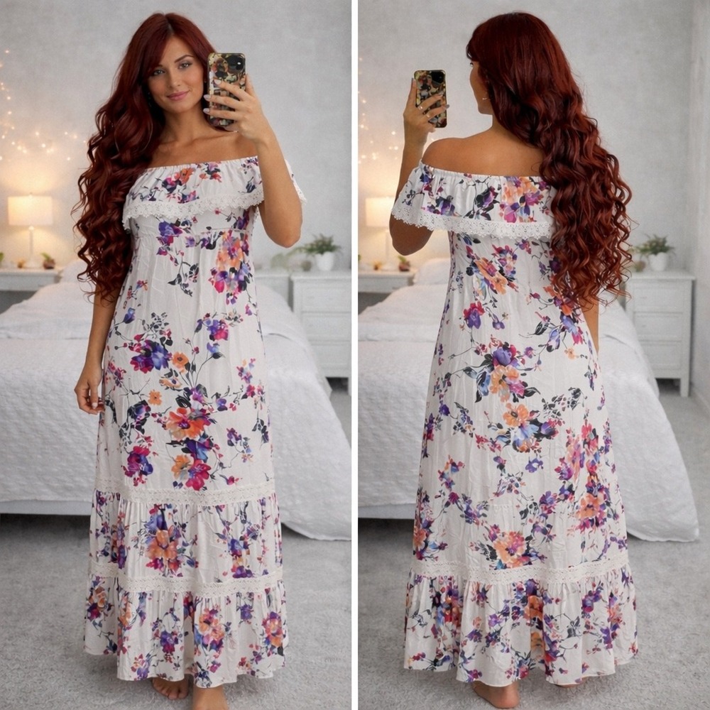 Umgee Floral Off The Shoulder Maxi Dress Crochet Lace Boho White Purple M G0042